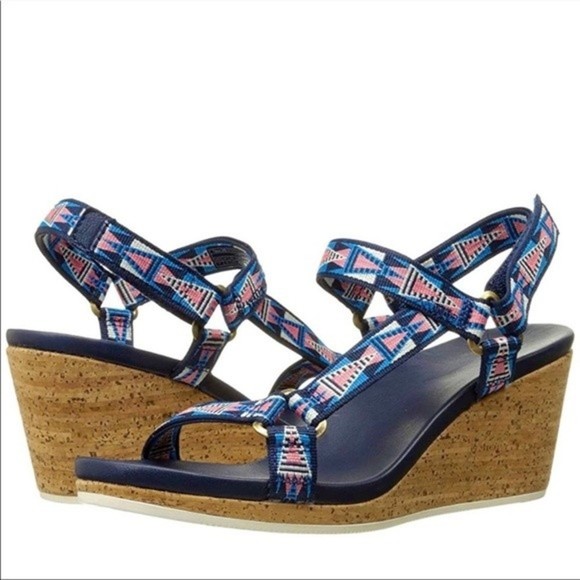 Teva Shoes - Teva Arrabelle Blue and Pink Aztec Print Velcro Strap Cork Wedge Sandal Shoe 8